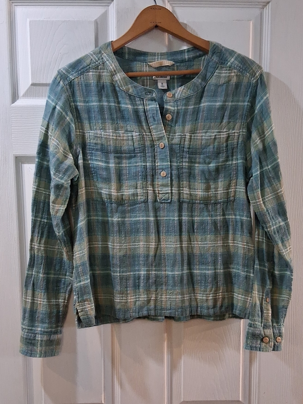 L.L. Bean Teal and Cream Plaid Long-Sleeve Henley-100% Cotton